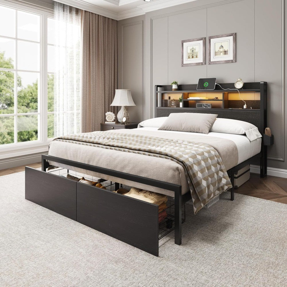 Cama Box de Casal com Estrutura de Madeira, Cama Box de Casal com Plataforma de Metal, 2 Gavetas de Armazenamento e Prateleira, Luzes de LED