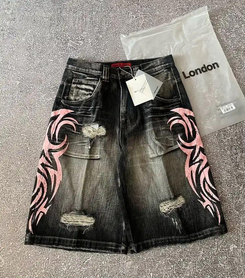 Goth Print Silk Jeans Men Shorts Street Harajuku Hiphop Vintage High Waited Denim Shorts of Men Clothing Casual Loose Pants Mens