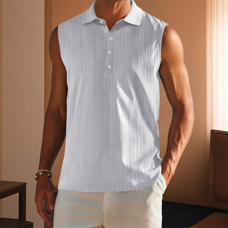 Men s Sleeveless Collared Tank Tops with Textured Stripes and Half Button-up Detail Solid Color Casual Shirts for Summer Wear