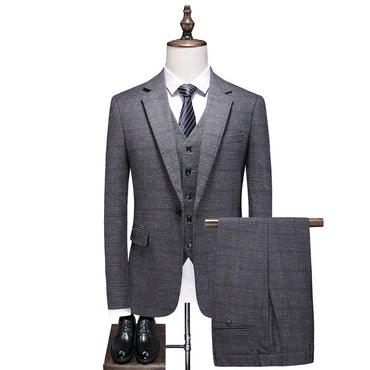 Mens Suits 3 Piece Business Office Formal Set Checkered Pattern Slim Fit Blazer Vest Pants High Quality Luxury Work Wedding