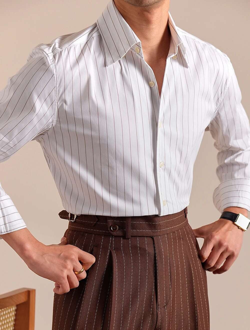 Cotton Blend Striped Casual Italian Style One Piece Collar Long Sleeved Shirt Men High Count Cotton Gentleman Business Shirt Men