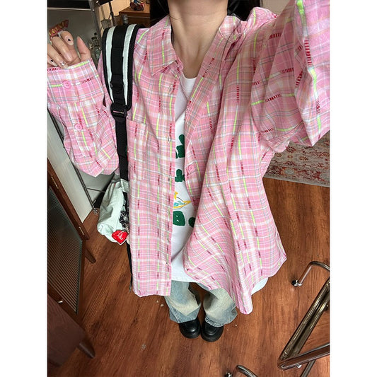 Ice Blue Plaid Long Sleeve Shirt Unisex Premium Cleanfit Denim Fabric V-neck Open Cardigan Style Holiday Vibes Short Length