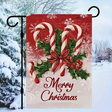 Merry Christmas Garden Flag Polyester Banner with Festive Holly Berries Cursive Letter Outdoor Garden Yard Christmas Decorations