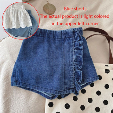Girls Children Outfit Sets Summer Kids Clothes Lace Edge Pure White Baby Girl Casual White Hollow Vest Top Suspender+Denim Skirt
