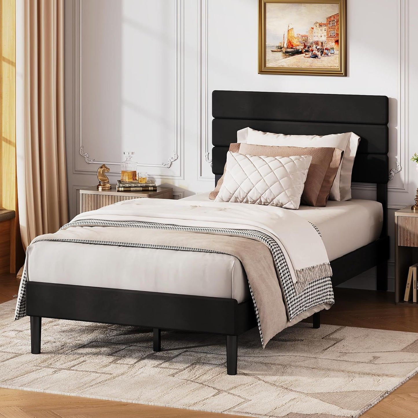 Base de Cama Estofada Solteiro, Cabeceira Acolchoada em Veludo, Estrutura Robusta de Metal e Madeira, Não Requer Box Spring,