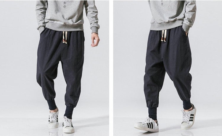 Cotton Linen Harem Pants Men Solid Elastic Waist Streetwear Joggers New Baggy Drop-crotch Pants Casual Trousers Men