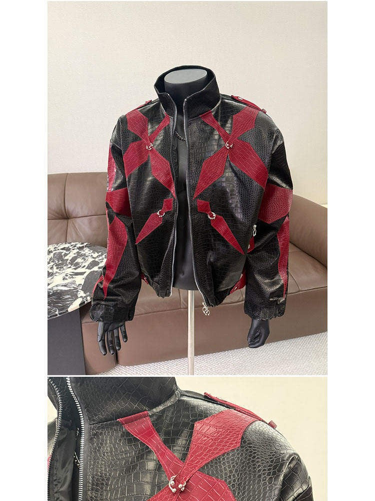 PFHQ Men's PU Leather Jacket 2025 Zipper Stand Collar Contrast Color Korea Fashion Darkwear Male Tops Casual 21E2807