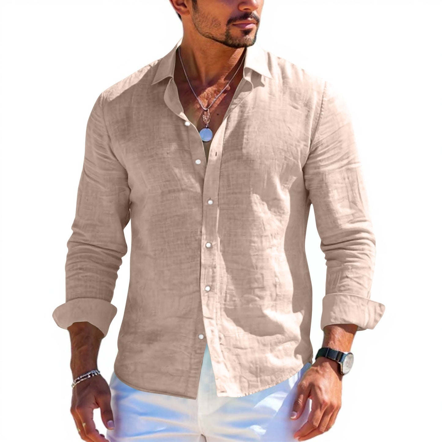 Men's tops long sleeve new style shirt cotton linen cool solid color loose lapel casual beach style cardigan spring and summer