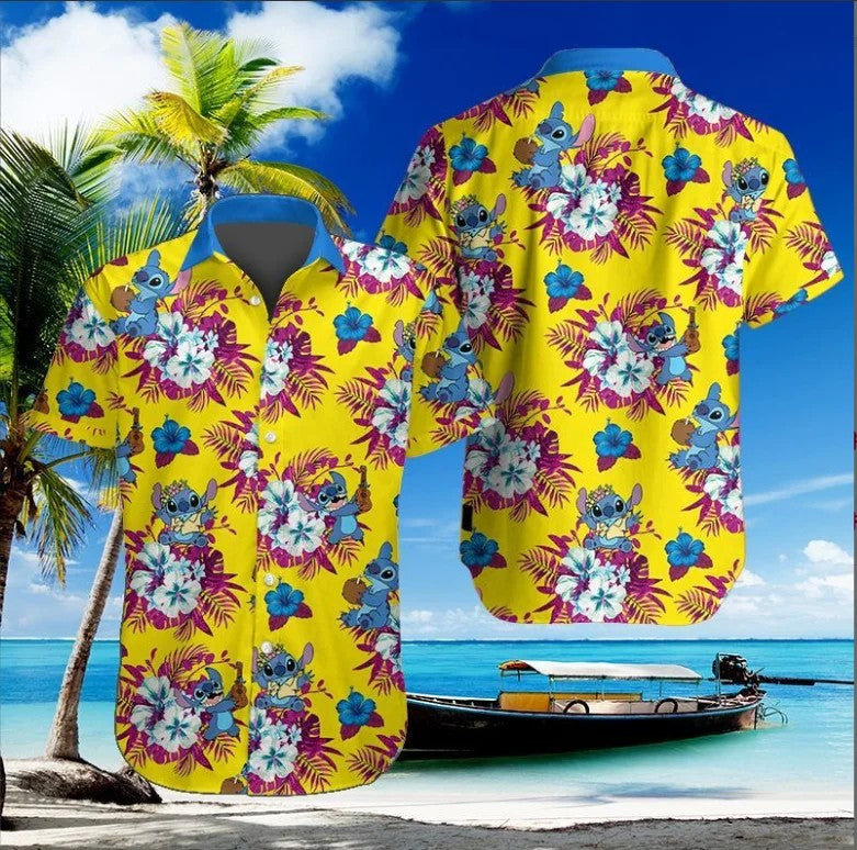 Miniso Stitch Hawaiian Shirts Vacation Shirts Men's Disney Hawaiian Shirts Casual Button Down Short Sleeve Shirt Vintage T-Shirt