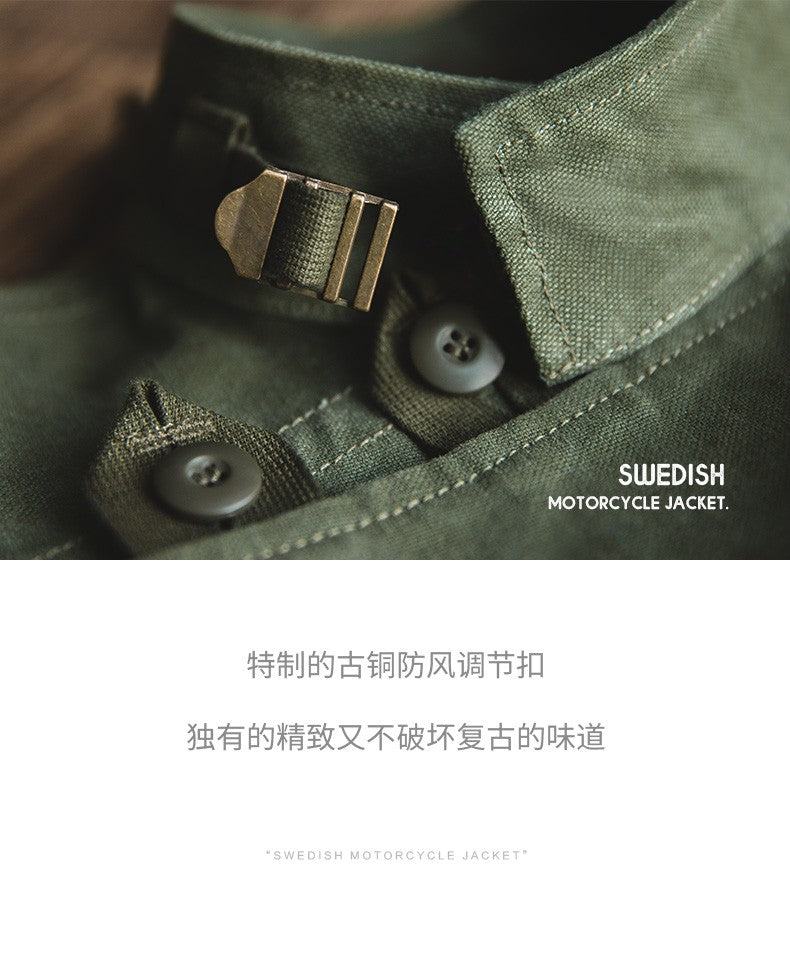 Maden Retro 16oz Canvas Swedish Motorcycle Green Jacket Pocket Bomber Jacket Casual Hunting Work Outwear for Men Spring and Fall