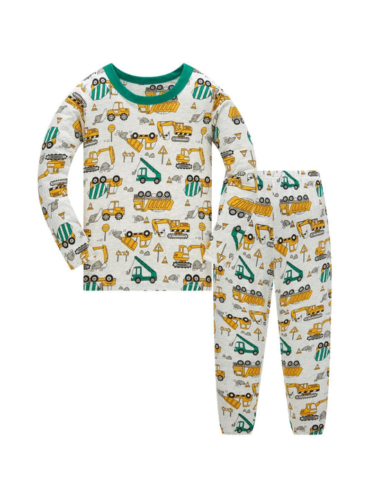 Pajamas Set for Boys 100% Cotton Full Print Excavator Kids Pjs Long Sleeve Elastic Cuffs Soft Sleepwear For Age 1-8 Years