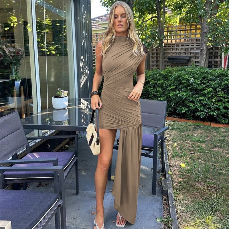 Balitops Summer Draped Ruched Sexy Mini Dress Women 2025 New Irregular High Wais