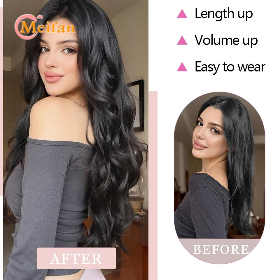 ?V-Shaped Clip in Extensions Synthetic 4-Clips Wavy Hair Extensions Brown Black One Piece Extensions for Women Daily Wear