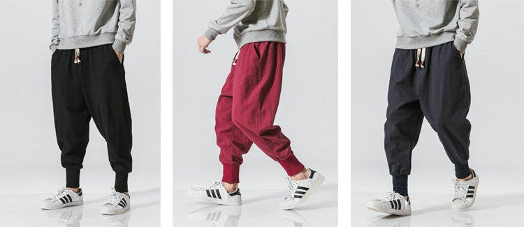 Cotton Linen Harem Pants Men Solid Elastic Waist Streetwear Joggers New Baggy Drop-crotch Pants Casual Trousers Men
