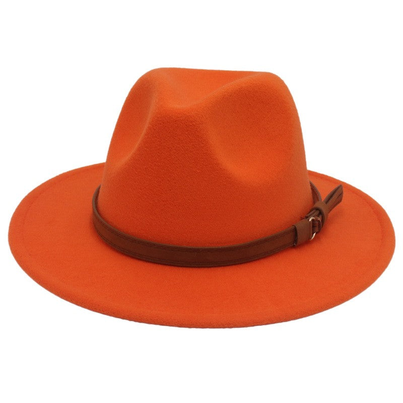 Classic Brown Belt Women Fedora Hats Autumn Winter Gentleman Jazz Felt Hat For Men Retro Church Lady Flat Wide Brim Dress Hat