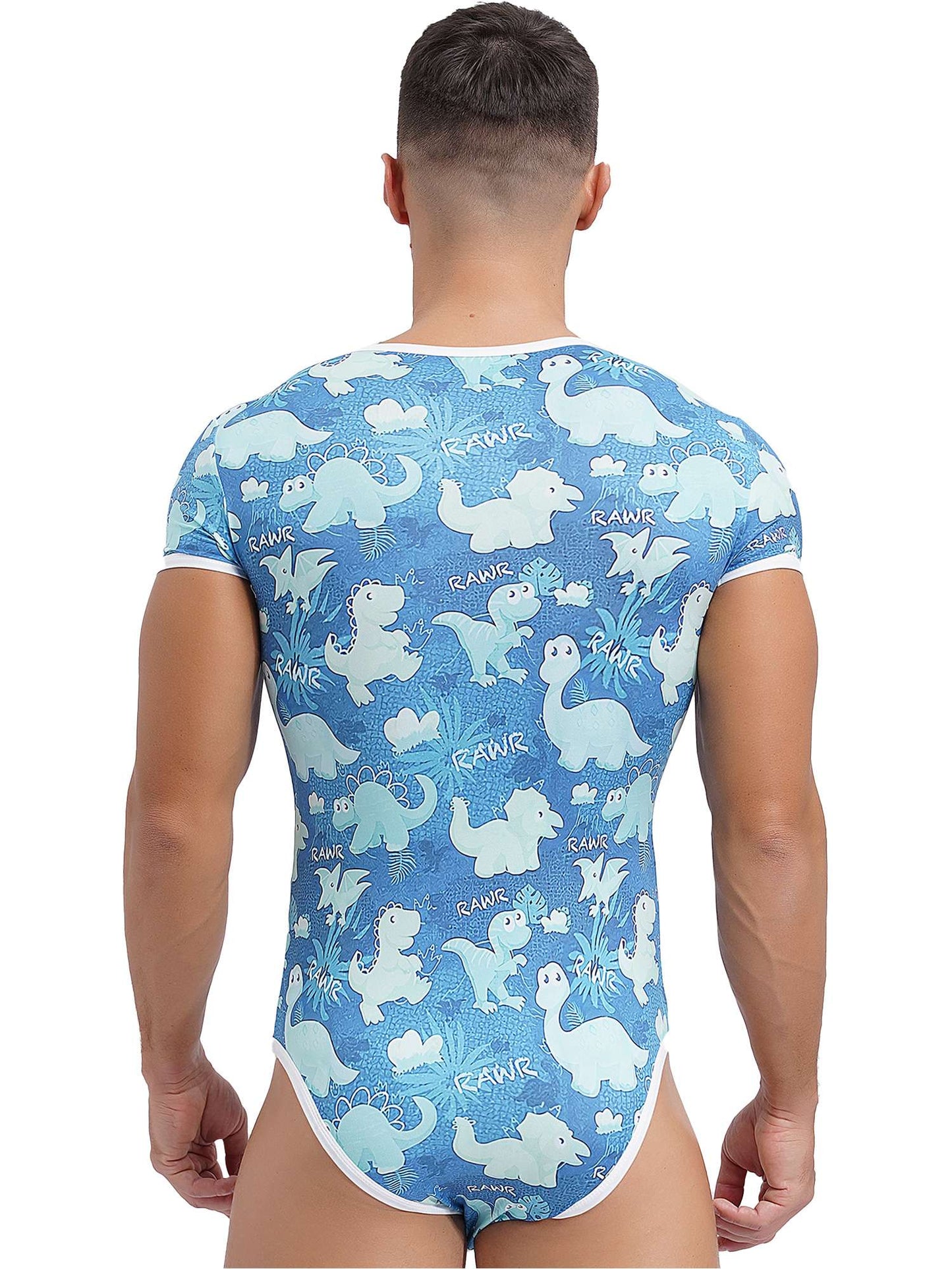 Mens Cute Cartoon Print Bodysuit Sissy Pajamas Short Sleeve Buttoned Crotch Diaper Rompers Gay Male Onesies Sleepwear Loungewear