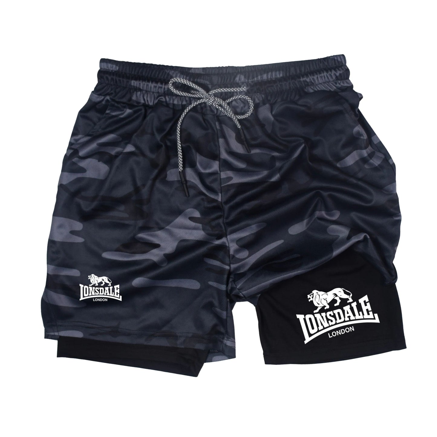 2 in 1 Running Shorts Men Workout Lonsdale Compression Shorts with Phone Pocket Towel Loop Summer Sport Athletic Activewear
