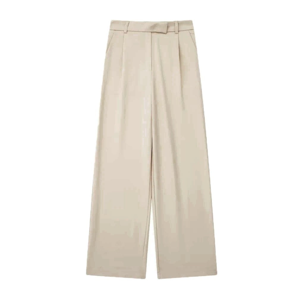 TRZA Women Fashion With Darts Front Pockets Wide Leg Pants Vintage High Waist Zi