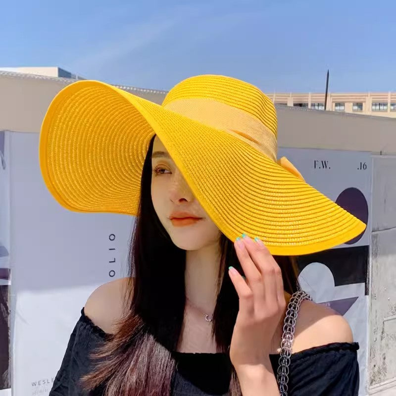 Chapéu de sol de palha feminino, estilo coreano, aba grande, à prova de sol, chapéu de férias dobrável, para praia e ar livre. ???? ??