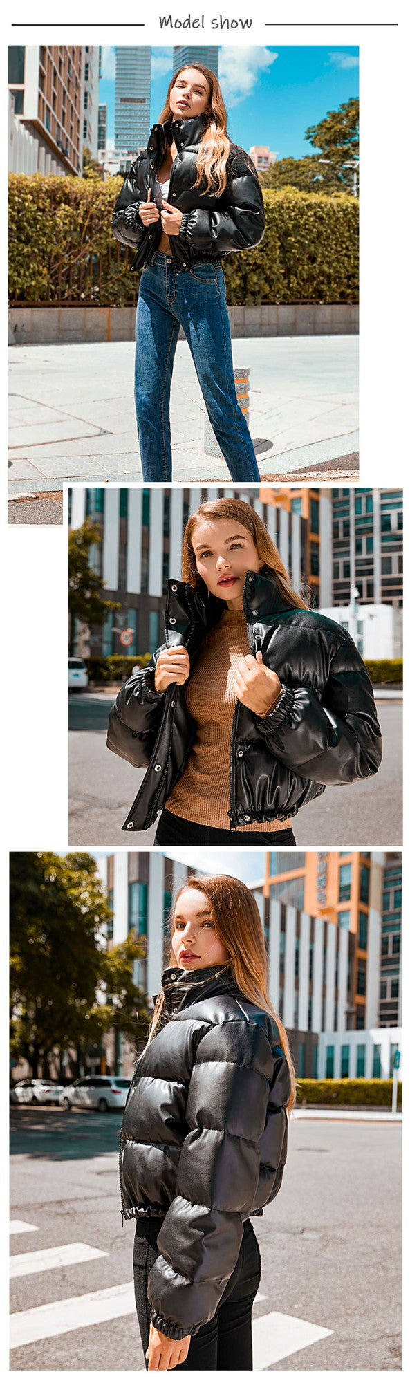 Winter Thick Warm Cropped Puffer Jacket Women Black PU Leather Parkas Elegant Zipper Coat Cotton Padded Punk Outwear 2023