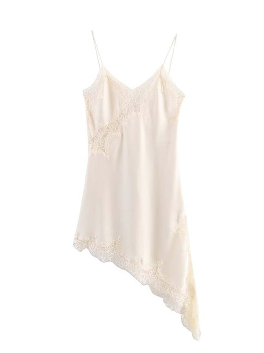 Women Fashion Sexy V-Neck Lace Elegant Halter Dress Asymmetric Hem Dress 2025 Summer New Fashion Holiday Party Beach Dresses