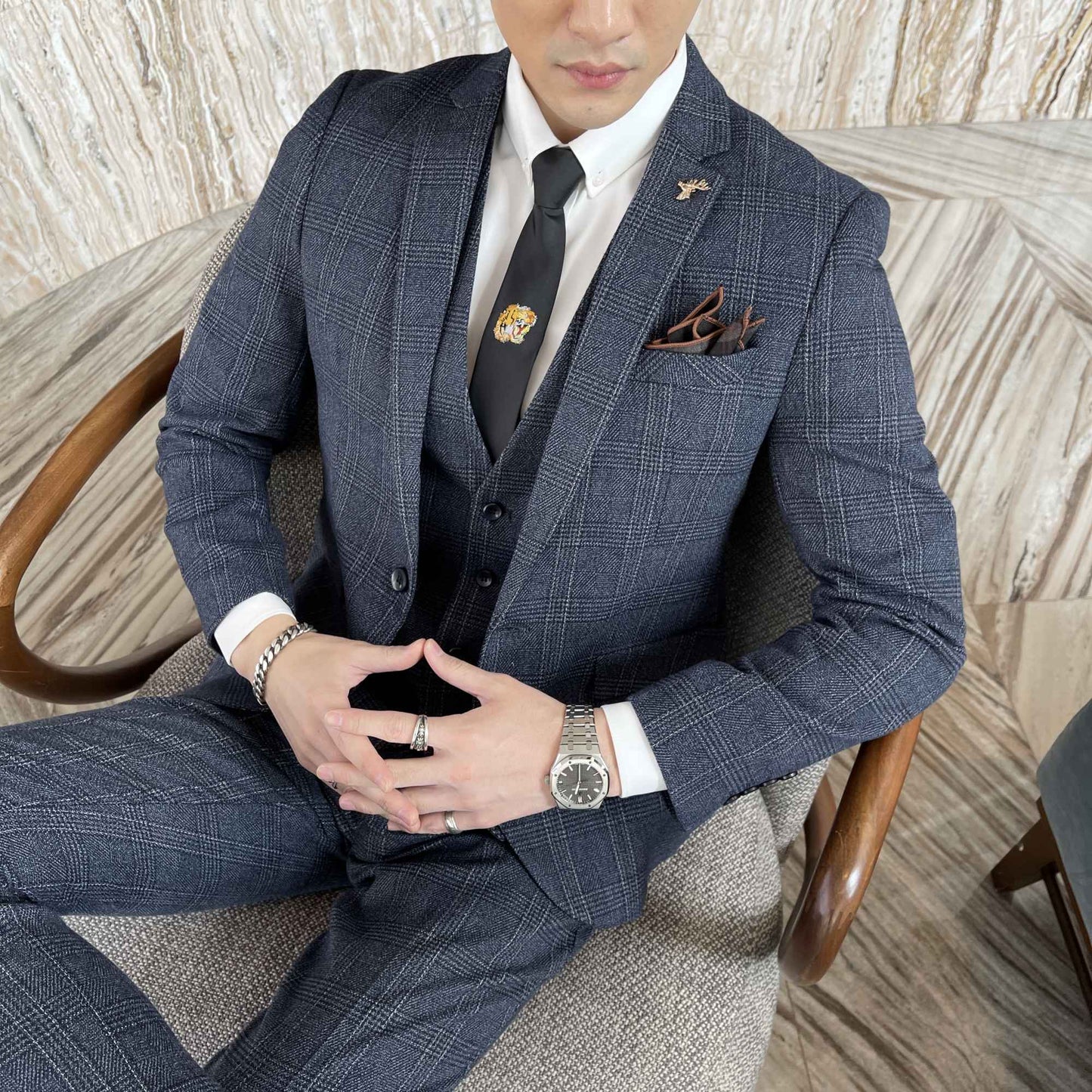 British Korean Style High Quality Modified Plaid Three-Piece Suit for Men - Stylish Business Casual Suit Vest And Trousers Set