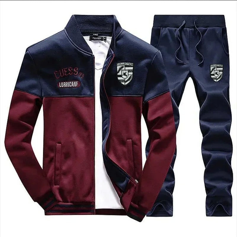 Winter Men's Sports Suit with Fleece and Warm Standing Collar Jacket+men's Drawstring Sports Pants Fashionable Printed Men's Set