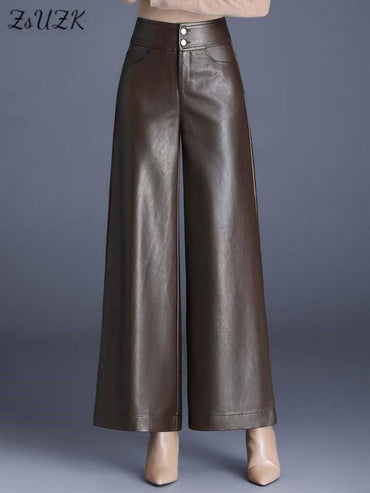 ZUZK High Quality Women PU Leather Wed Leg Pants Autumn Winter Fashion Warm Long Leather Pants Elegant LeatherTrousers