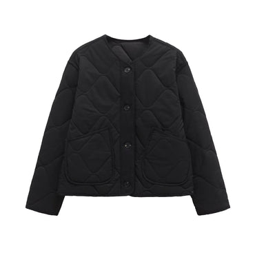 ETJ 2025 TRAF Spring new women's vintage crewneck quilted cotton-padded loose version of quilted casual jacket