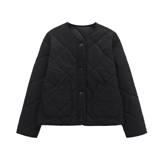 ETJ 2025 TRAF Spring new women's vintage crewneck quilted cotton-padded loose version of quilted casual jacket