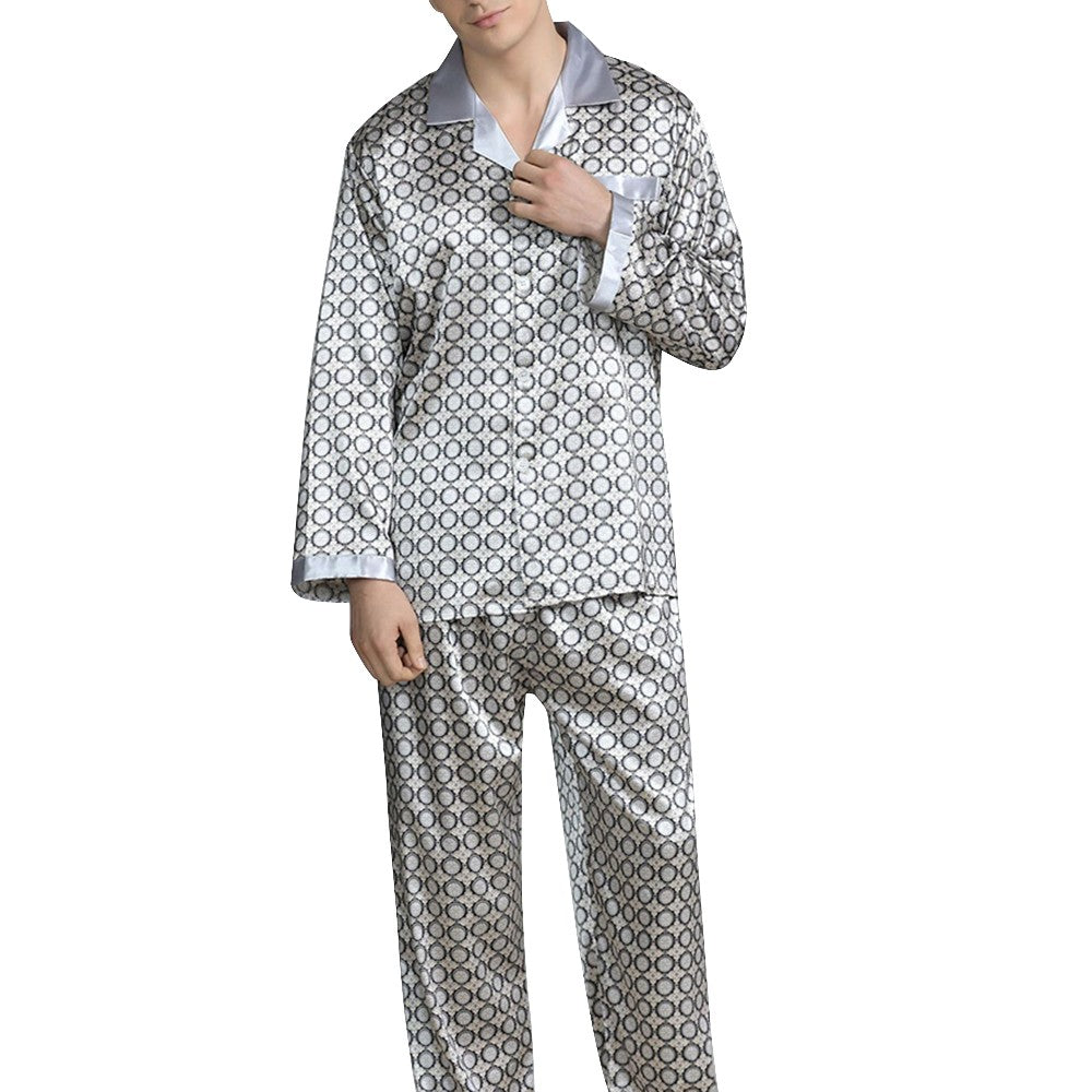 Mens Satin Silk Pajama Sets Sleepwear Casual Nightgown Loose Loungewear Pajamas Pijamas Autumn New Print Nightwear Homewear