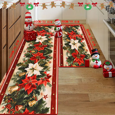 VIKAMA Christmas Two-Piece Rug Set American-Style Printed Holiday Party Decor Rug Kitchen & Bathroom Absorbent Rug