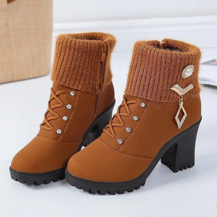 Women's Designer High Heels Shoes 2023 Winter New Warm Non-slip Block Cow Suede Warm Snow Boots Fashion Crystal Plush Goth Botas