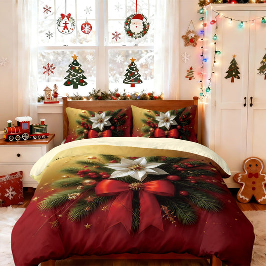 3pcs Christmas red floral print coreless duvet cover set multi size bedroom bedding holiday decoration soft machine washable