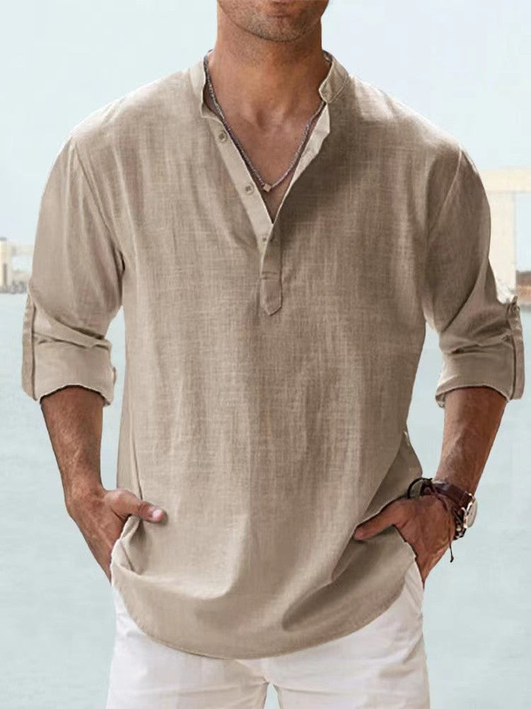 2023 New Men's Linen Long Sleeve Breathable Shirt Solid Color Casual Basic Cotton Linen Shirt Tops S-5XL