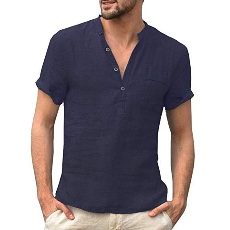Summer New Fashion Cotton Linen Casual Shirts Male Short Sleeve Breathable Tops