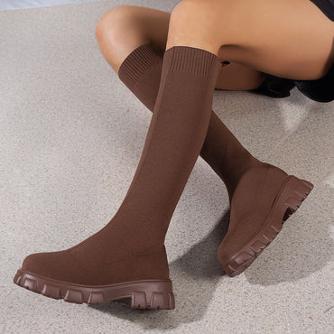 Woman Sock Boots Heels Over The Knee Botas Feminina Woman Long Elastic Botines autumn Winter New Brand Knitting Plush