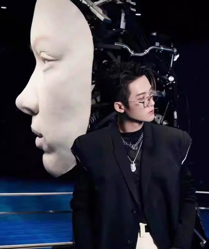 High Street Men's and Women's RO Dark Show Knitted Edge Splicing Sleeve Wide Shoulder Windbreaker Coat Medium Length Blazer Coat