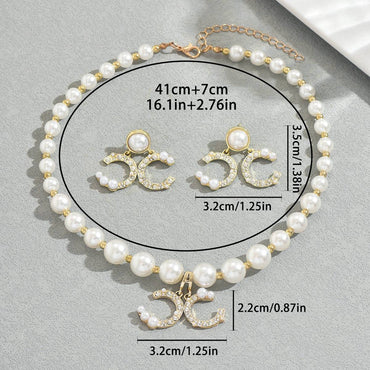 Chic Imitation Pearl & Rhinestone Letter Necklace Dangle Stud Earrings Women's Elegant Wedding Party Jewelry Set