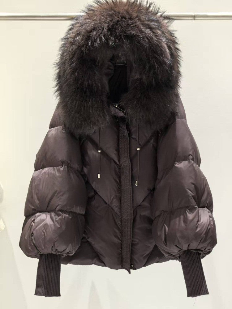 OFTBUY 2025 New Winter Large Real Fur Hooded Puffer Jacket Women Thicken Warm Knitted Sleeve Coat White Duck Down Mid Long Parka
