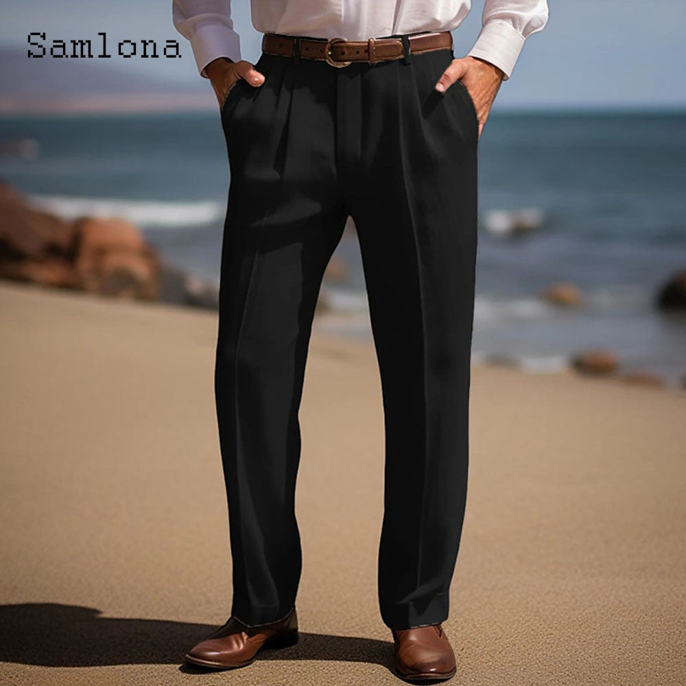 Men's Stand Pocket Casual Cotton Linen Pants White Soft Beach Trousers 2025 American and European Fashion Style Basic Suit Pants