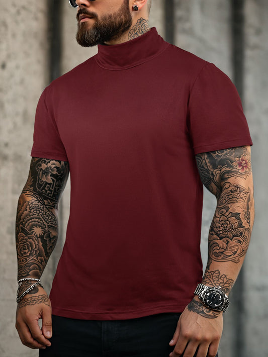 New Bottom Shirt Tees Tops Men Summer Casual Sports Workout Daily Plain High Neck Short Sleeve T-shirt Male Streetwear Clothes