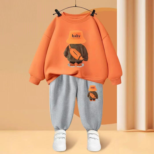 Roupas Infantis Meninos e Meninas Outono Manga Comprida Top e Calça Conjuntos de 2 Peças Crianças Menino e Menina Agasalho Esportivo Estampado de Urso