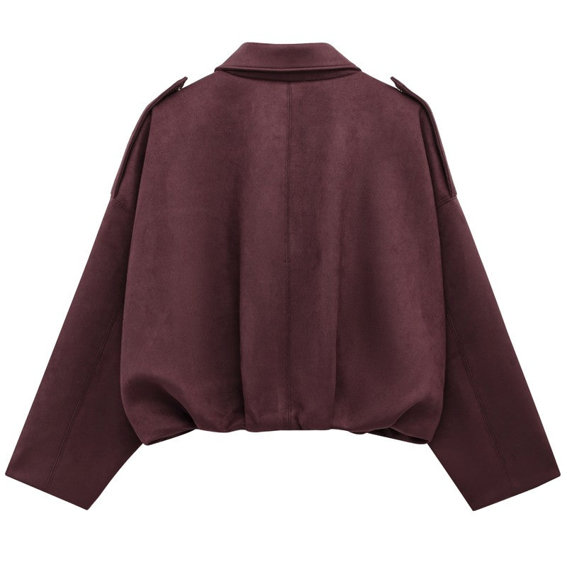HXAO Women's Bomber Jacket Lapel Long Sleeve Zipper Suede Jacket Women 2025 High Street Cropped Racing Jackets Coats Outerwears