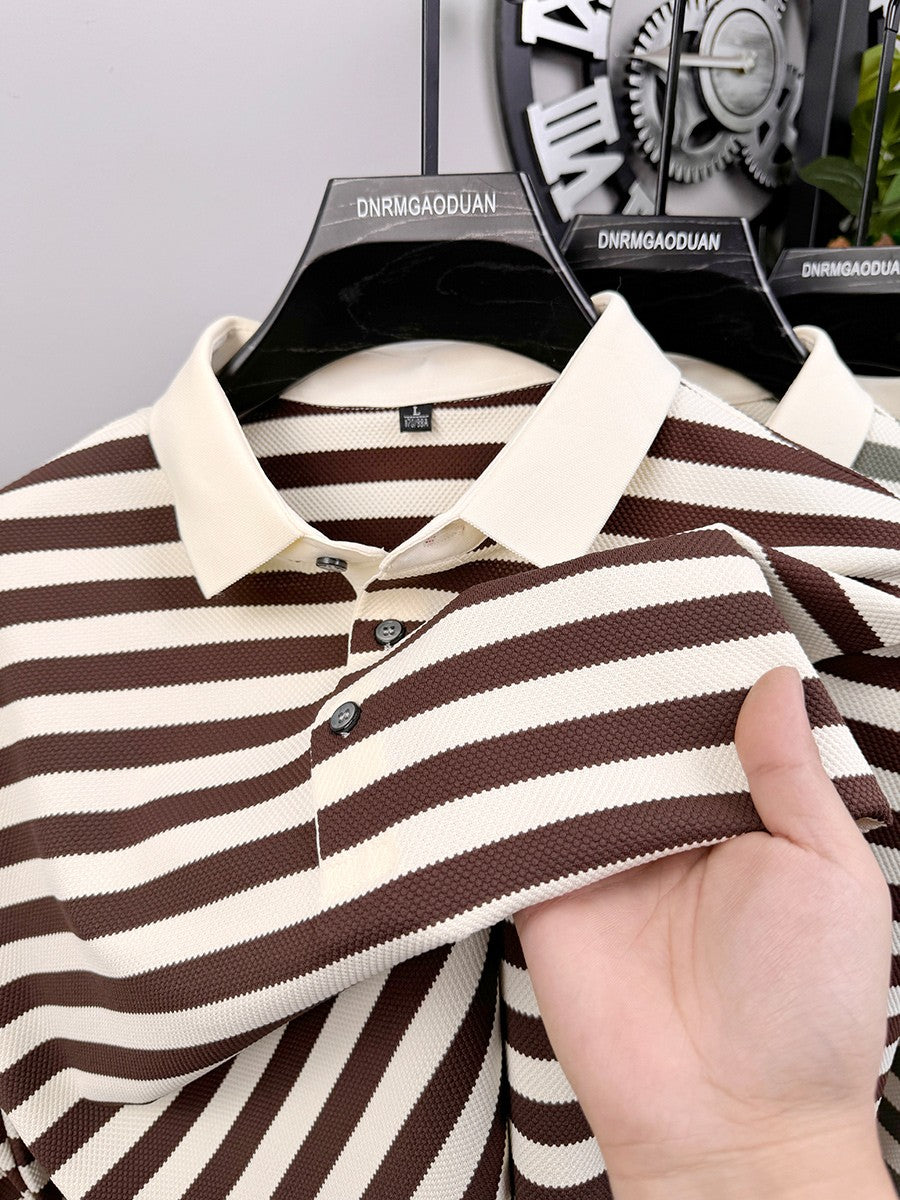 High Quality Summer Men's 2025 New Short Sleeved T-shirt with Striped Half Sleeves Trendy T-shirt Polo Shirt for Men