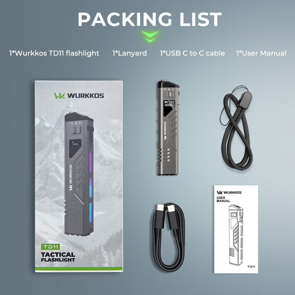 WURKKOS TD11 Tactical Flashlight 3000LM Innovative Multi-Function Portable LED Flashlight with Built-in Battery Portable Light