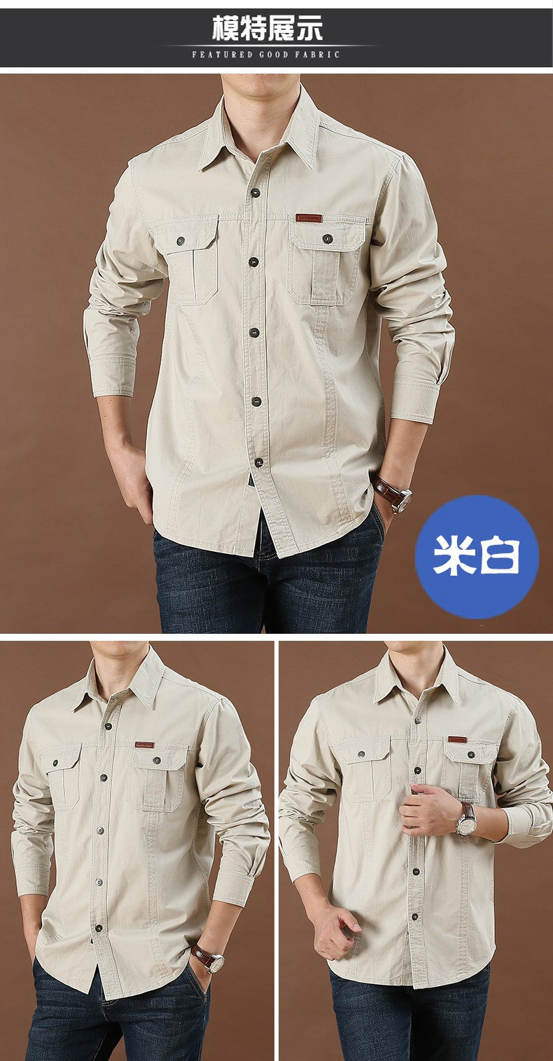Men Loose Long-sleeved Shirt. New Solid Color Shirt for Middle-aged and Young People in Europe and America in Spring and Autumn
