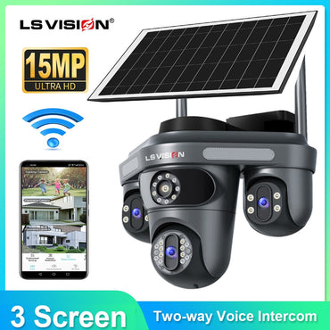 LS VISION Multiple Lens 3 Screen Wifi Outdoor Security Solar Camera Panoramic Monitor Mobile Siren Alarm Solar CCTV Camera