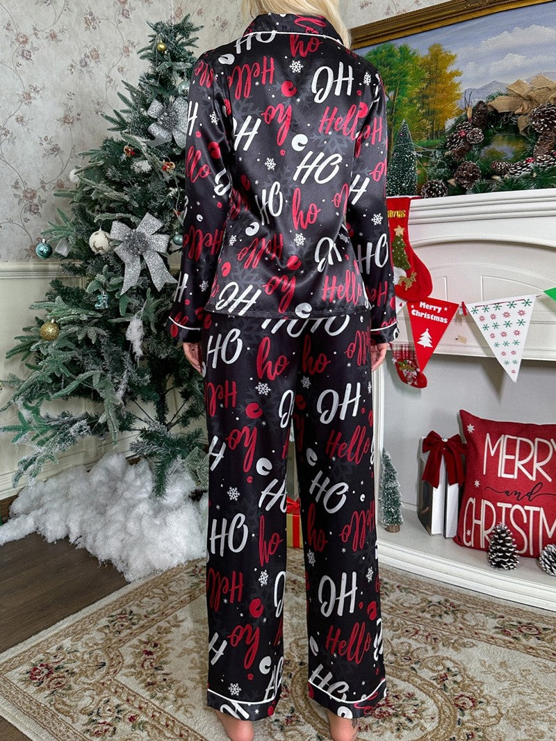 Cute Elk Print Satin Pajama Set Cozy Christmas Suit Long-Sleeve Lapel Top And Pants Comfortable Fit Parties And Theme Events Pjs