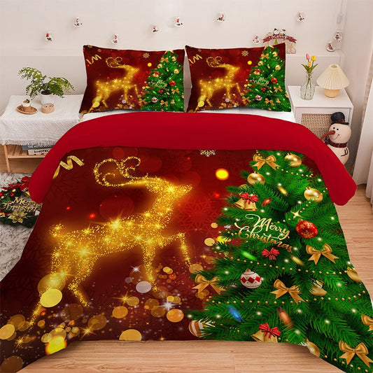 3PC Cartoon Christmas Duvet Cover Kawaii Elk Interesting Old Man Bedding set (1Duvet Cover &2Pillowcases) No filler/core